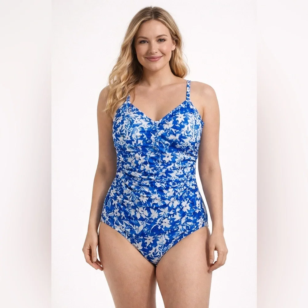Nicole Miller Women's One Piece Swimsuit Ditzy Floral Ruched Tummy Control NWT